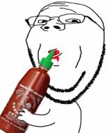 arm bottle closed_mouth drinking eating food glasses hand holding_object hot_sauce soyjak sriracha stubble subvariant:wholesome_soyjak variant:gapejak // 1080x1309 // 711.3KB