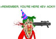 4chan anime blood bloodshot_eyes broken_teeth clenched_teeth clothes firearm glasses green_hair greentext hair party_hat red_eyes soyjak stubble text variant:feraljak weapon white_skin wrinkles yellow_teeth yotsoyba // 1169x821 // 264.0KB
