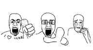 3soyjaks angry arm chicken closed_mouth crying eating food glasses hand heart holding_object i_love mustache open_mouth pointing pointing_at_viewer stubble variant:unknown // 848x457 // 35.2KB