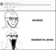 arm comment concerned frown glasses hand hands_up japan murder open_mouth soyjak soyjak_comic stubble subvariant:wewjak text thing_japanese variant:soyak youtube // 680x608 // 156.3KB