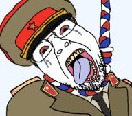 bloodshot_eyes cap clothes communism crying flag glasses hammer_and_sickle hanging hat kgb medal open_mouth rope russia soyjak star stubble suicide tongue uniform variant:bernd // 896x787 // 216.5KB