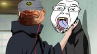 anime choking glasses naruto open_mouth soyjak stone_island stubble tongue variant:bernd yellow_teeth // 1280x718 // 765.6KB
