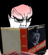 adolf_hitler angry big_brain book closed_mouth german_text germany glasses hair hand irl mein_kampf mustache nazism reading soyjak variant:chudjak vein // 1080x1218 // 911.6KB