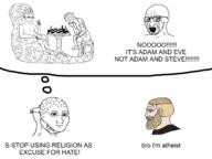 adam atheism bloodshot_eyes chess crying eve gay glasses mask nordic_chad open_mouth religion soyjak stubble text thought_bubble variant:soyak wojak // 4032x3024 // 2.4MB