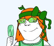 bowtie clothes female froot froot_(user) glasses hair hand holding_object orange_hair popsicle smile soyjak subvariant:soylita variant:gapejak // 1012x861 // 54.6KB