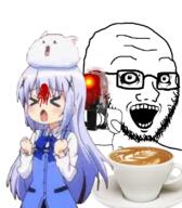 anime blood blue_eyes chino_kafuu coffee crying cup glasses gochiusa gore gun hand holding_object open_mouth saucer soyjak stubble tippy variant:classic_soyjak // 702x800 // 455.1KB