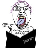 book death_note glasses millions_must_die purple_hair soyjak stubble tongue tranny variant:bernd yellow_teeth // 615x680 // 171.6KB
