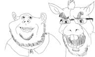 2soyjaks buck_teeth closed_mouth donkey ear glasses ogre open_mouth redraw shrek smile soyjak stubble variant:cobson variant:impish_soyak_ears // 3000x1800 // 520.4KB