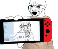 2soyjaks angry anonymous bloodshot_eyes clothes coal crying finger glasses hand holding_object mustache nintendo nintendo_switch open_mouth paper pointing screenshot soybooru soyjak stubble text variant:classic_soyjak variant:feraljak video_game wrinkles // 757x644 // 243.3KB