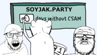 3soyjaks arm back child_sexual_abuse_material closed_mouth crying hand holding_object its_over sad sign soyjak soyjak_party stubble text variant:feraljak variant:gapejak variant:impish_soyak_ears // 800x450 // 87.7KB