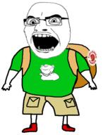 arm backpack child clothes dance dancing_swede ear full_body glasses hand leg open_mouth smile soyjak stubble tshirt variant:cobson variant:impish_soyak_ears zoomed // 475x596 // 61.0KB