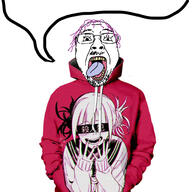 anime arm clothes drip glasses hair hoodie ironic_weeb_hoodie japanese_text open_mouth purple_hair soyjak speech_bubble speech_bubble_empty stubble sweater toga_himiko tongue tranny variant:bernd weeb yellow_teeth // 2048x2048 // 689.6KB