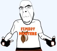 arm closed_mouth clothes femboy glasses glove hand hooters restaurant soyjak stubble text tshirt uwu variant:cobson variant:shirtjak // 1000x905 // 102.6KB