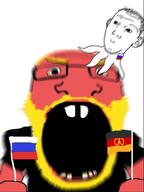 2soyjaks angry balding beard closed_mouth clothes ear flag germany glasses hair holding_object motion_blur octopus open_mouth red_skin russia smile soyjak stubble tshirt variant:kuzjak variant:science_lover yellow_hair // 606x807 // 372.1KB