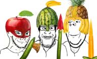 3soyjaks apple are_you_soying_what_im_soying axe banana clothes cucumber food foodjak frown fruit glasses grin hair hat looking_at_each_other pineapple smile smug soyjak strawberry stubble subvariant:wholesome_soyjak variant:classic_soyjak variant:gapejak variant:markiplier_soyjak watermelon weapon // 1033x622 // 673.2KB