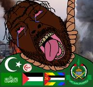 arab arabic_text background black_eyes black_skin brown_skin building clothes communism crescent_and_star crying explosion eyebrows facial_hair flag:palestine gem glasses hairy hamas hammer_and_sickle hanging islam mouth_open nigger palestine palestinian red_star rope smoke suicide tongue tongue_out total_nigger_death unibrow variant:bernd yellow_teeth // 768x719 // 345.1KB
