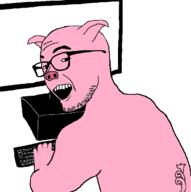animal computer glasses open_mouth pig pink_skin smile soyjak stubble variant:zoomer_on_computer // 696x701 // 25.6KB