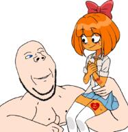 arm barcode bowtie buff clothes female hair hand holding_object looking_at_each_other mymy necktie nipple ongezellig orange_hair orange_skin queen_of_hearts skirt smile soyjak stubble subvariant:wholesome_soyjak swolesome tags variant:gapejak wink // 1020x1050 // 500.2KB