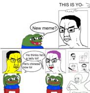 angry apu asian closed_mouth crying crying_wojak frog glasses hair hand lipstick open_mouth pepe pointing pointing_at_viewer pol_(4chan) purple_hair small_eyes soyjak speech_bubble text tranny variant:chudjak wojak // 680x709 // 307.5KB