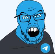 angry blue_eyes blue_skin clothes glasses mustache open_mouth soyjak stubble telegram variant:feraljak // 1279x1252 // 32.1KB