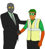 2soyjaks arm closed_eyes closed_mouth clothes fixed_coloring_reupload froot glasses goggles grey_skin hand handshake hard_hat hat necktie orange_skin soot soot_colors soyjak_party stubble suit the_office // 1218x1312 // 44.0KB