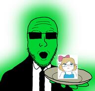 arm black_shirt blue_eyes blush central_intelligence_agency clothes dress glasses glowie glowing green_skin hair hair_ribbon holding_object holding_plate looking_at_you necktie open_mouth plate redraw stubble subvariant:soylita suit sunglasses variant:gapejak variant:platejak yellow_hair // 1366x1312 // 293.4KB