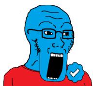 badge blue_checkmark blue_skin clothes glasses open_mouth red_shirt soyjak stretched_mouth stubble twitter twitter_checkmark variant:classic_soyjak // 742x687 // 36.0KB