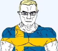 angry blue_eyes buff chud closed_mouth clothes country ear flag glasses hair soyjak subvariant:chudjak_front sweden tshirt variant:chudjak vein yellow_hair // 1059x929 // 37.1KB