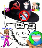 animated atheism baby boku_no_hero_academia clothes communism earth fedora flag gay glasses hammer_and_sickle hand hat heart logo picmix planet reddit smile smug snoo soyjak stubble syringe text tranny vaccine variant:classic_soyjak // 438x500 // 363.4KB