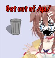 4chan anime bloodshot_eyes crying female get_out_of_qa glasses hololive inugami_korone open_mouth ornament qa_(4chan) soyjak stubble thick_eyebrows trash_can variant:cryboy_soyjak vtuber // 700x733 // 429.8KB