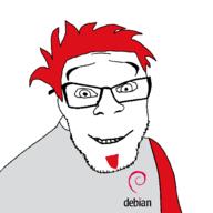 closed_mouth debian glasses linux operating_system red_hair smile soyjak stubble variant:feraljak // 1500x1500 // 93.0KB