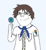 arm badge brown_hair closed_mouth clothes east_germany ernst_thalmann_pioneer_oganisation german_text germany glasses hair hand holding_object lollipop smile soyjak subvariant:shoyta tshirt variant:gapejak // 1292x1420 // 111.5KB