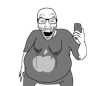 angry apple_(company) arm clothes fat glasses gynaecomastia hand holding_object merge open_mouth phone soyjak stubble tshirt variant:el_perro_rabioso variant:feraljak // 900x804 // 28.8KB