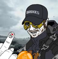 baby blue brown_hair cap closed_mouth clothes death_stranding gold hair hat middle_finger nerd orange subvariant:shoyta thumbs_up variant:gapejak variant:thunderf00t video_game // 529x538 // 230.6KB