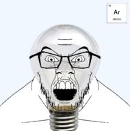 angry argon chemistry element glasses lightbulb open_mouth soyjak stubble text variant:feraljak // 1484x1500 // 785.7KB