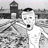 anorexia black_and_white clothes concentration_camp genocide hat irl_background judaism kippah monochrome nazi_germany nazism open_mouth pointing rail soyjak star_of_david starved starving stubble train variant:two_pointing_soyjaks world_war_2 // 720x720 // 117.2KB