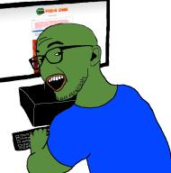 arm computer ear frenschan frog glasses green_skin hand no_nose open_mouth pepe screen smug soyjak stubble variant:zoomer_on_computer // 696x701 // 51.1KB