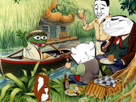 back basket beer bench boat bread cheese clothes drink frog glass grass hat house kohler leaves oars pepe picnic pie sandwich sausage squirrel the_wind_in_the_willows tree variant:chudjak variant:impish_soyak_ears waving // 2160x1619 // 834.1KB