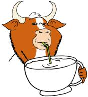 animal biz_(4chan) bull cup drinking drinking_straw ear hand holding_object horn mug orange_skin pointy_ears sip snout soyjak stubble variant:impish_soyak_ears white_hair // 732x803 // 101.7KB
