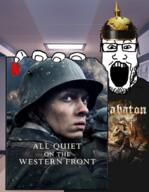 all_quiet_on_the_western_front clothes glasses hand holding_object irl_background netflix open_mouth sabaton soyjak stubble text variant:markiplier_soyjak wojak // 527x680 // 702.2KB