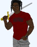 bbc black_lives_matter black_panther black_skin brown_eyes buff closed_mouth clothes erection fist hair hand holding_object leg muscles nsfw penis smile smug soyjak sword text tshirt variant:chudjak vein watch // 1514x1910 // 110.4KB