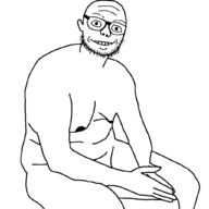 arm beard closed_mouth ear eyebrows fat glasses naked nipple sitting smile soyjak stubble variant:unknown wrinkles // 1024x1024 // 24.9KB