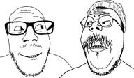 2soyjaks anthony_fantano beanie clothes fantano frown glasses hair hat looking_at_each_other microphone mustache smile soyjak stubble variant:gapejak variant:punkjak // 2144x1247 // 492.7KB