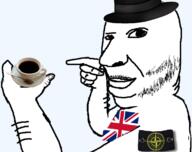 arm closed_mouth clothes country cup flag flag:united_kingdom hand hat holding_object mustache pointing soyjak stone_island stubble tea top_hat united_kingdom variant:holdjak // 1125x888 // 282.5KB