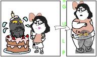 2soyjaks bow cake clothes comic confused eating fat female fetish glasses merge scared skirt soot soot_colors soyjak_party strawberry stubble subvariant:soylita subvariant:wholesome_soyjak tongue variant:gapejak variant:soytan vore // 686x404 // 63.1KB