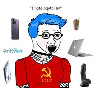 apple_(company) blue_hair capitalism clothes coffee communism dildo glasses hair hammer_and_sickle hypocrisy hypocrite i_hate iphone laptop macbook onlyfans open_mouth ship soviet_union starbucks tshirt variant:classic_soyjak // 946x883 // 154.6KB
