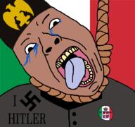 adolf_hitler badge benito_mussolini cap clothes country crying fascism flag hanging hat italy open_mouth rope soyjak suicide swastika teeth text tongue uniform variant:bernd yellow_teeth // 768x719 // 69.3KB