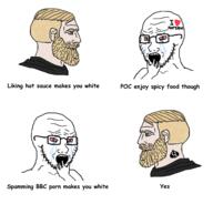 bbc beard bloodshot_eyes chad crying ear glasses hand hot_sauce i_love mustache nordic_chad open_mouth queen_of_spades soyjak soyjak_comic stubble text variant:classic_soyjak // 2400x2300 // 1.5MB