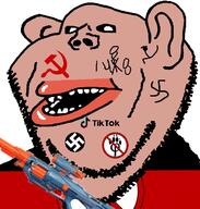 1488 amerimutt anti_furry communism dog ear facial_mark fat flag:anti_furry gun hammer_and_sickle lips nazism nerf soyjak stubble subvariant:impish_amerimutt swastika tiktok variant:impish_soyak_ears // 598x628 // 144.9KB