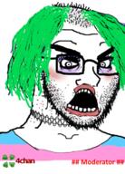 4chan angry clothes crazed flag glasses green_hair hair looking_down makeup necklace open_mouth soyjak stubble text tranny variant:soyak // 529x737 // 429.9KB